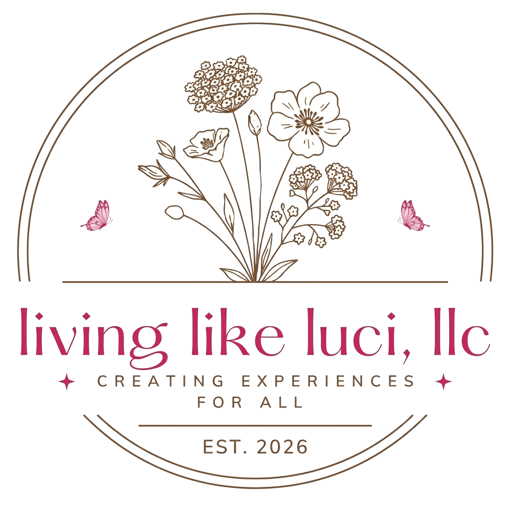 living like luci, llc — a hand-drawn wildflower bouquet with two pink butterflies above the wordmark and tagline 'Creating Experiences For All'